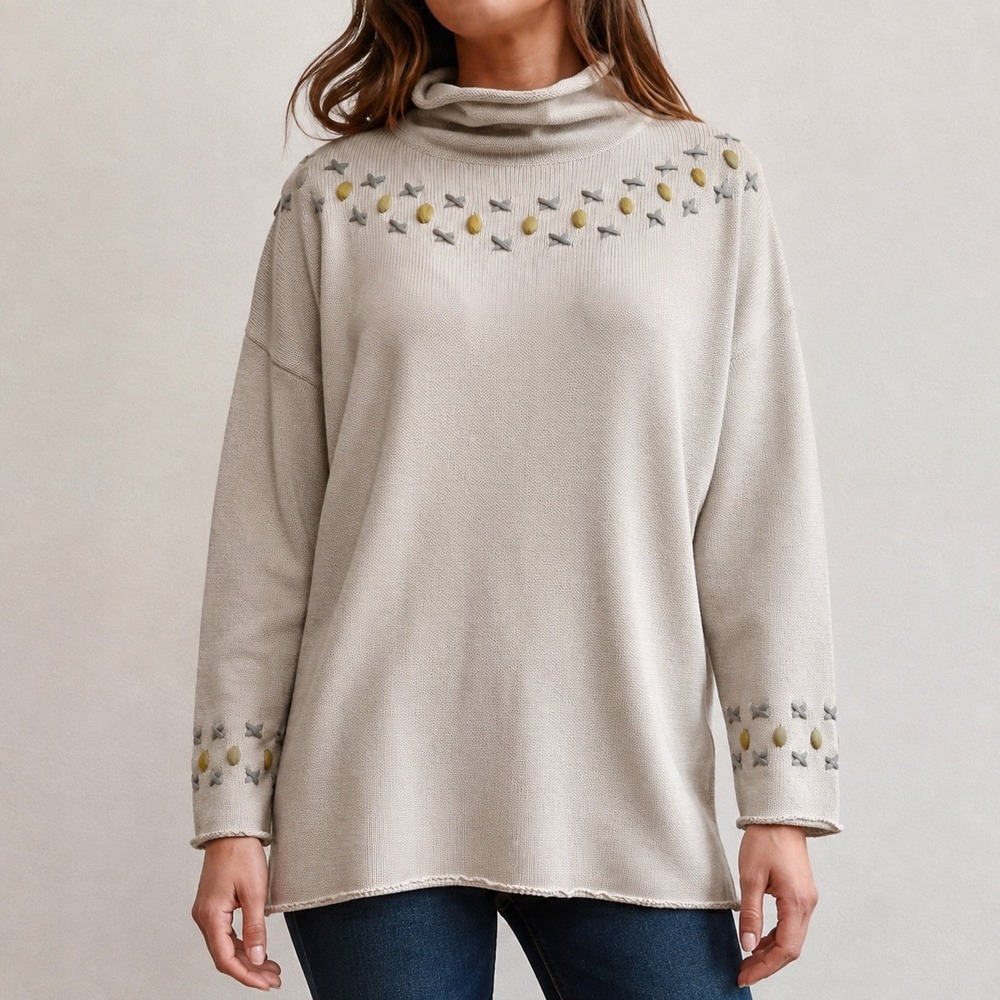 Esprit Cream Cotton Embroidered Roll Neck Sweater, Medium Cottage Vintage 90s